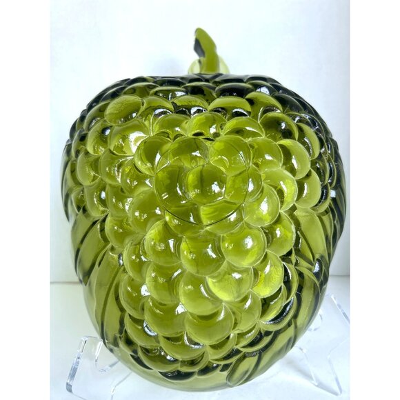 Vtg Green Indiana Glass Grape & Leaf Decorative Bowl Plate With Stem Handle READ - Picture 6 of 11